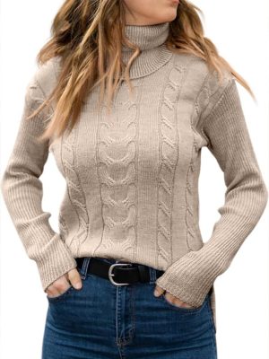 Womens' Turtleneck Long Sleeve Cable Knit Sweaters