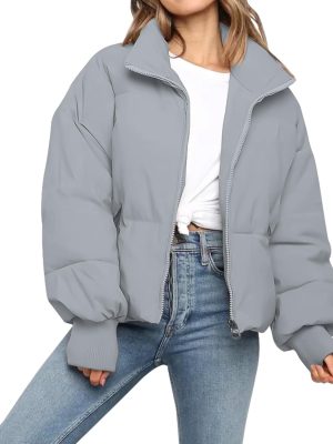 Women’s Winter Cropped Puffer Jacket Coat Casual Quilted Baggy Long Sleeve Zip Down Jackets Outerwear