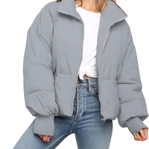 Women’s Winter Cropped Puffer Jacket Coat Casual Quilted Baggy Long Sleeve Zip Down Jackets Outerwear