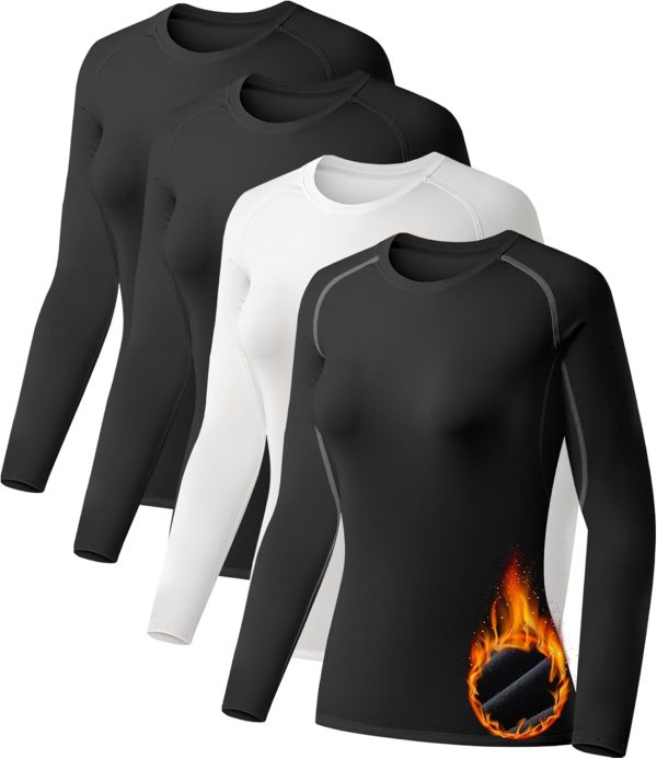4 Pack Women's Thermal Shirts Fleece Lined Athletic Tops Long Sleeve Compression Workout Baselayer for Cold Weather