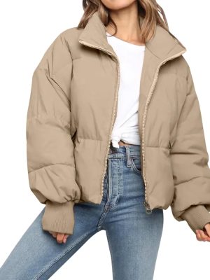 Women’s Winter Cropped Puffer Jacket Coat Casual Quilted Baggy Long Sleeve Zip Down Jackets Outerwear