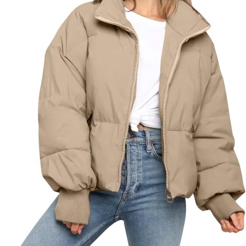 Women’s Winter Cropped Puffer Jacket Coat Casual Quilted Baggy Long Sleeve Zip Down Jackets Outerwear