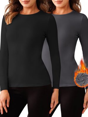 Women's 2 Pack Long Sleeve Thermal Shirts Soft Crewneck Undershirt Tops Lightweight Base Layer Cold Weather