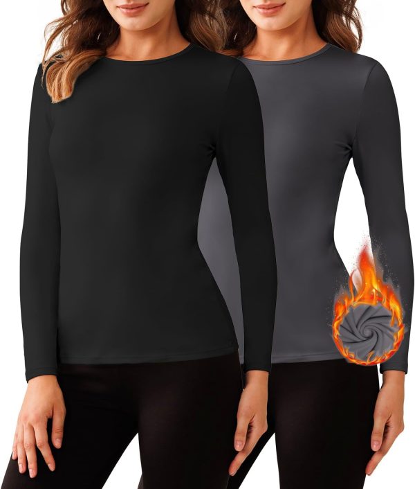 Women's 2 Pack Long Sleeve Thermal Shirts Soft Crewneck Undershirt Tops Lightweight Base Layer Cold Weather