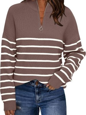Women's Quarter Zip Striped Oversized Sweater  Mock Turtleneck Fall Fashion Outfit