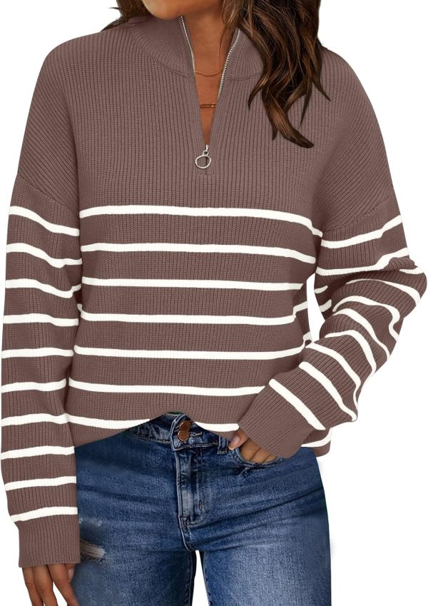 Women's Quarter Zip Striped Oversized Sweater Mock Turtleneck Fall Fashion Outfit