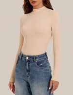 Micro Fleece Lined Women's Long Sleeve Shirts Mock Turtleneck Undershirt Ribbed Slim Fit Thermal Tops