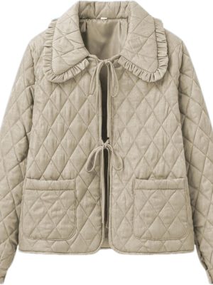 Women's Quilted Lightweight Jackets Long Sleeve Winter Cropped Cotton Padded Coat Jacket Bow Tie Puffy Outwear
