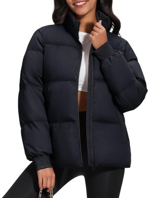 Women's Winter Down Puffer Jackets Stand Collar Zip Up Water Resistant Warm Padded Quilted Coat with Pockets