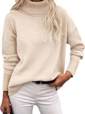 Women's Turtleneck Sweater Fall Winter Chunky Knitted Pullover High Low Hem Trendy Basic Jumper Top