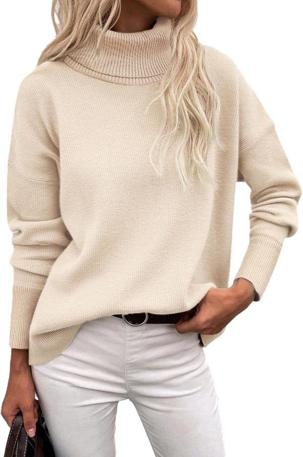 Women's Turtleneck Sweater Fall Winter Chunky Knitted Pullover High Low Hem Trendy Basic Jumper Top