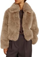 Womens Cropped Faux Fur Jacket Shaggy Lapel Zip Up Winter Coats Fuzzy Warm Outerwear