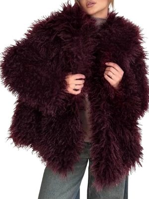 Womens Faux Fur Coat Winter Fluffy Faux Fur Jacket Long Sleeve Lapel Collar Furry Shaggy Parka Coat
