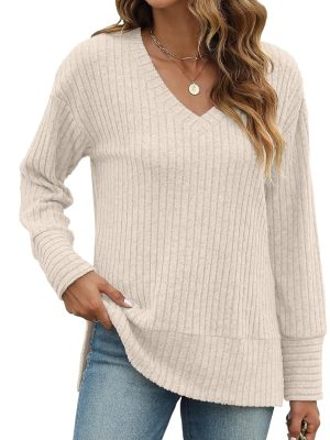 Womens Sweaters Long Sleeve V Neck Shirts Loose Casual Fashion Tops