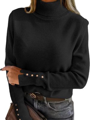 Turtleneck Sweaters for Women Long Sleeve Dressy Casual Soft Knitted Button Pullover Tops Fall Winter Clothes