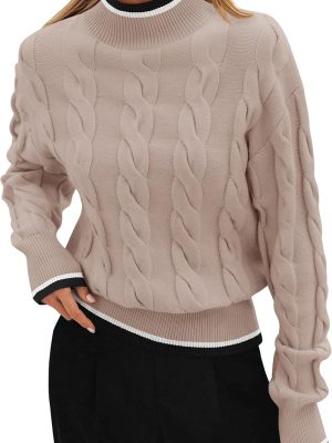 Women's Casual Long Sleeve Mock Neck Cable Knit Contrast Color Fall Winter Chunky Pullover Sweater