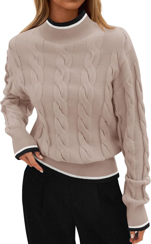 Women's Casual Long Sleeve Mock Neck Cable Knit Contrast Color Fall  Winter Chunky Pullover Sweater