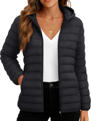 Women's Lightweight Puffer Jacket with Hood Pockets Quilted Padded Full-zip Water-Resistant Winter Coat
