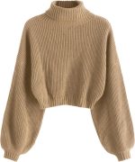 Women's Cropped Turtleneck Sweater Lantern Sleeve Ribbed Knit Pullover Sweater Jumper