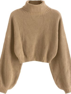 Women's Cropped Turtleneck Sweater Lantern Sleeve Ribbed Knit Pullover Sweater Jumper