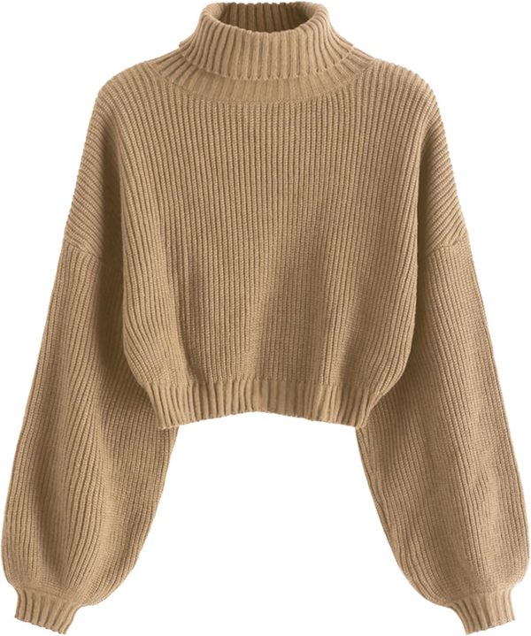 Women's Cropped Turtleneck Sweater Lantern Sleeve Ribbed Knit Pullover Sweater Jumper