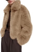Womens Cropped Faux Fur Jacket Shaggy Lapel Zip Up Winter Coats Fuzzy Warm Outerwear
