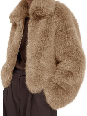 Womens Cropped Faux Fur Jacket Shaggy Lapel Zip Up Winter Coats Fuzzy Warm Outerwear