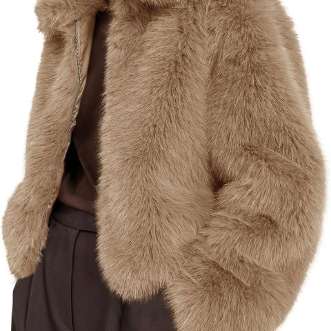 Womens Cropped Faux Fur Jacket Shaggy Lapel Zip Up Winter Coats Fuzzy Warm Outerwear