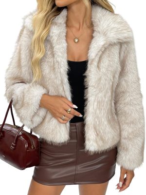 Women's Two-Tone Faux Fur Coat - Fluffy Winter Jacket with Lapel Collar, Hooks & Pockets