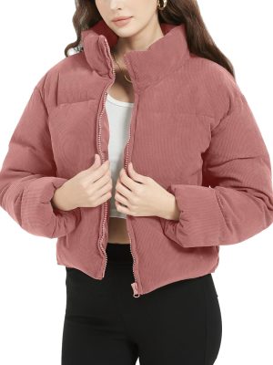 Womens Cropped Corduroy Puffer Jacket Winter Jackets Warm Long Sleeve Zip Quilted Down Puffer coat