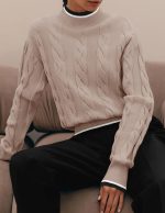 Women's Casual Long Sleeve Mock Neck Cable Knit Contrast Color Fall  Winter Chunky Pullover Sweater