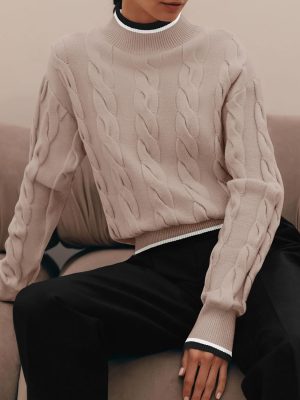 Women's Casual Long Sleeve Mock Neck Cable Knit Contrast Color Fall Winter Chunky Pullover Sweater