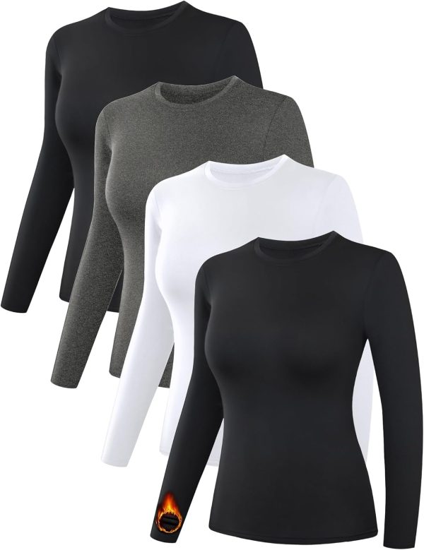 4 Pack Women’s Thermal Shirts, Women Fleece Lined Compression Long Sleeve Base Layer Tops for Winter Cold Weather