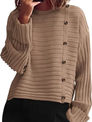 Womens Sweaters Fall Casual Long Sleeve Crewneck Button Loose Winter Knit Pullover Sweater Tops