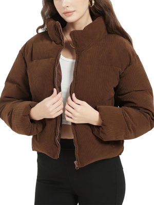 Womens Cropped Corduroy Puffer Jacket Winter Jackets Warm Long Sleeve Zip Quilted Down Puffer coat