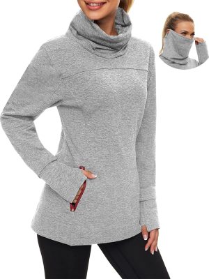 Women's Running Fleece Sweatshirts Cowl Neck Pullover Long sleeve Shirt with Thumb Holes and Neck Gaiter Face Mask