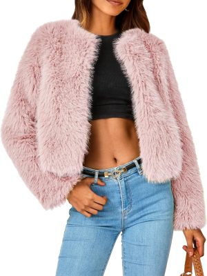 Women's Winter Coats Fleece Cropped Jacket Faux Fur Long Sleeve Pockets Shaggy Warm Outerwear Fall Clothes