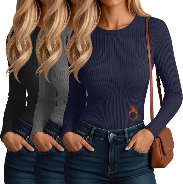 3 Pack Women's Ribbed Long Sleeve Thermal Tops Thin Fleece Lined Crew Neck Shirts Warm Basic Undershirt for Winter