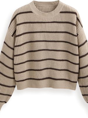 Women’s Cropped Striped Sweater Long Sleeve Crew Neck Trendy Pullover Tops