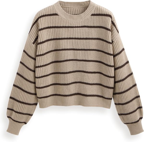Women’s Cropped Striped Sweater Long Sleeve Crew Neck Trendy Pullover Tops