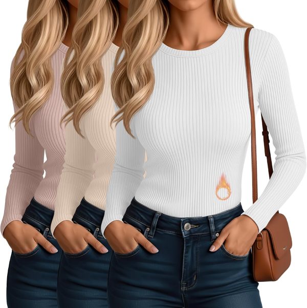 3 Pack Women's Ribbed Long Sleeve Thermal Tops Thin Fleece Lined Crew Neck Shirts Warm Basic Undershirt for Winter
