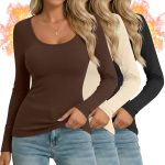 3 Pack Women's Thermal Long Sleeve Shirts Fleece Lined Scoop Neck Stretch Fitted Tops Winter Base Layer Underwear