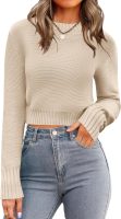 Women's  Fall Crewneck Cropped Sweater Trendy Long Sleeve Ribbed Knit Pullover Jumper Tops
