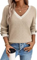 Womens Sweaters Casual V Neck Long Sleeve Contrast Knit Pullover Sweater Solid Fall Outfits Tops