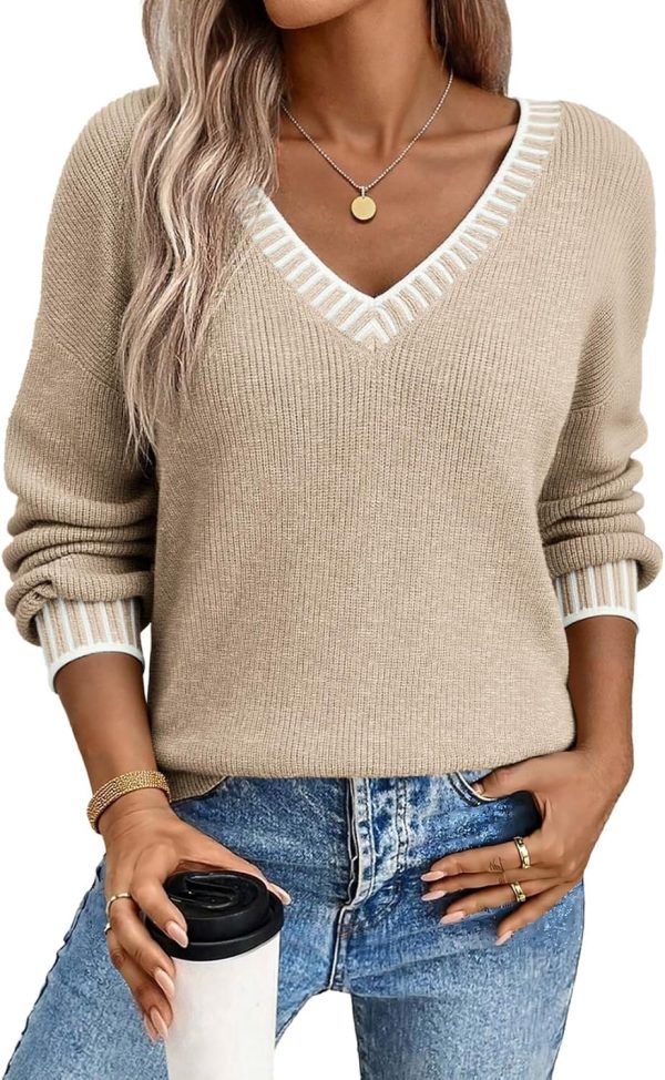 Womens Sweaters Casual V Neck Long Sleeve Contrast Knit Pullover Sweater Solid Fall Outfits Tops