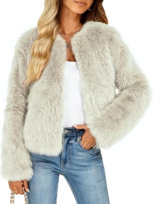 Women's Faux Fur Coat Winter Warm Cropped Jacket Trendy Long Sleeve Crew Neck Zip Up Outerwear