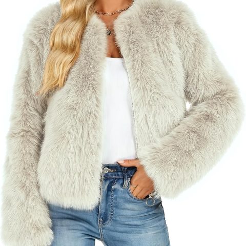 Women's Faux Fur Coat Winter Warm Cropped Jacket Trendy Long Sleeve Crew Neck Zip Up Outerwear