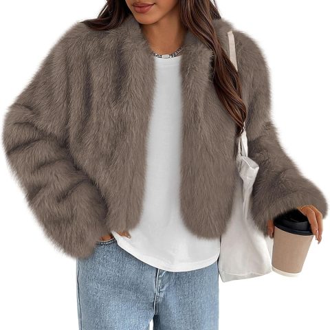 Womens Winter Coats Fluffy Cropped Faux Fur Jacket Long Sleeve Open Front Shaggy Outerwear Trendy Clothes