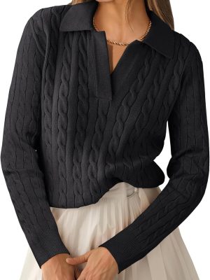 Womens Cable Knit Sweaters Long Sleeve V Neck Sweater Tops Casual Pullover Polo Shirts Fall Fashion Outfits