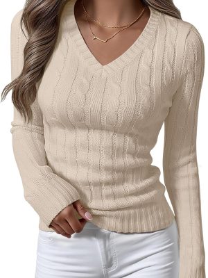 Womens Long Sleeve Cable Knit Sweater Fall Fashion V Neck Fitted Pullover Top Business Casual Work Fall Outfits